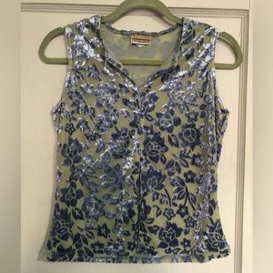 Burned out velvet top, sheer green with blue velvet floral design medium